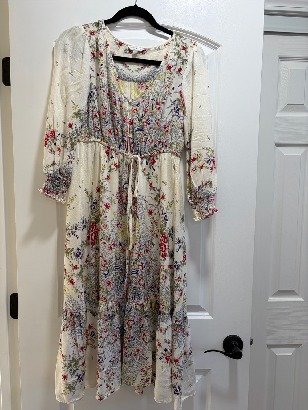 Lucky Brand Boho Floral Paisley Smocked Midi Dress Cream Multi Size Xs